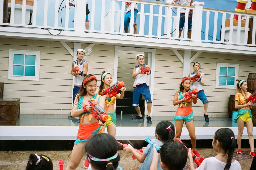 performers shoot water at audience in Ocean Park, Hong Kong