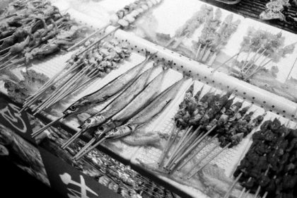 fish on a stick at the Yangshuo night market in China