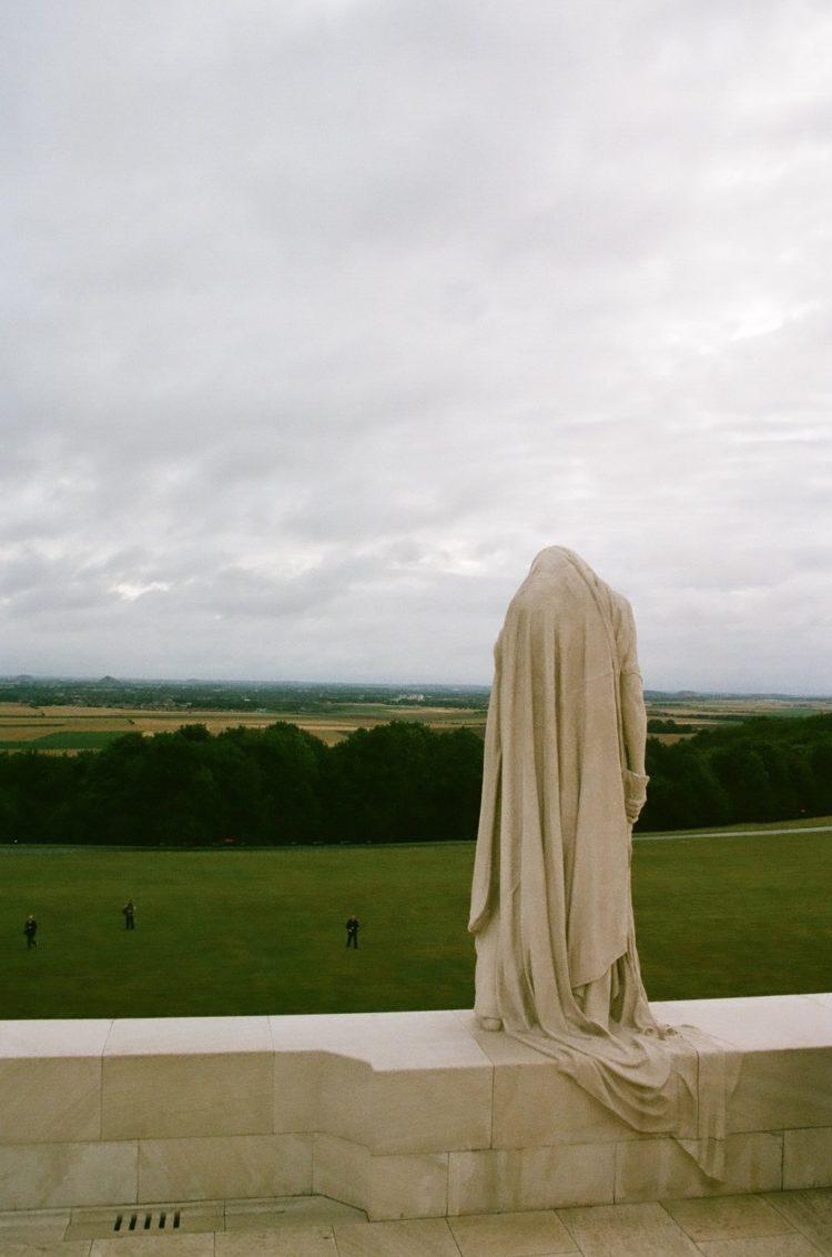 statue of Canada Bereft looking over the plain at Vimy Memorial