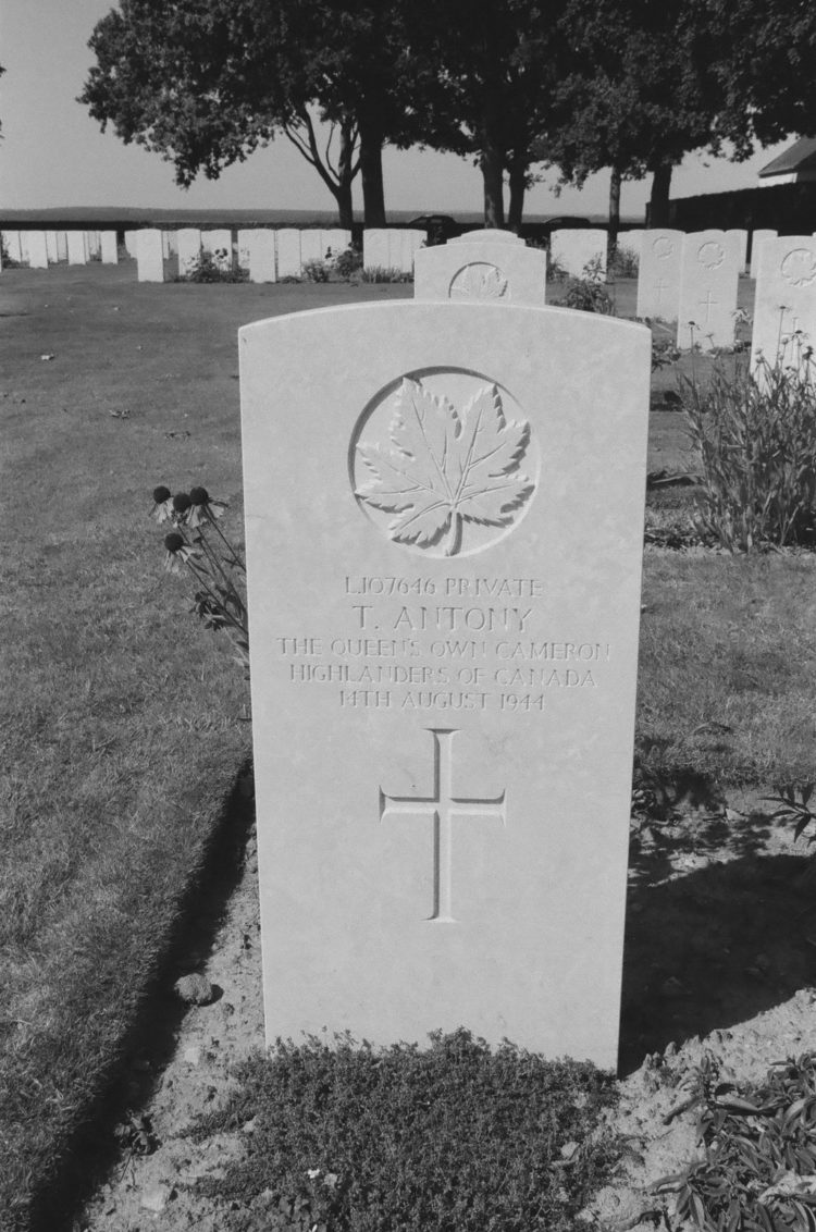 Grave of Private T. Antony, The Queen's Own Cameron Highlanders of Canada, Bretteville-sur-Laize, France