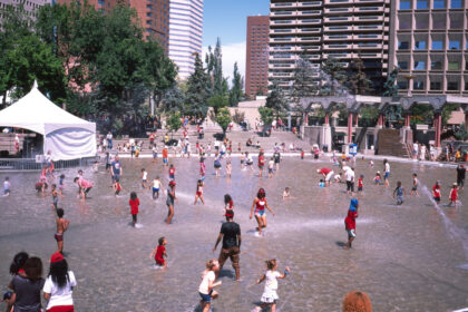 water play at Calgary's Olympic Plaza