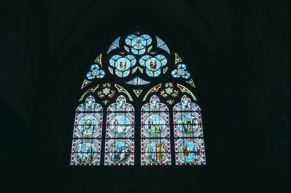 Stained glass window inside the Bayeux Cathedral