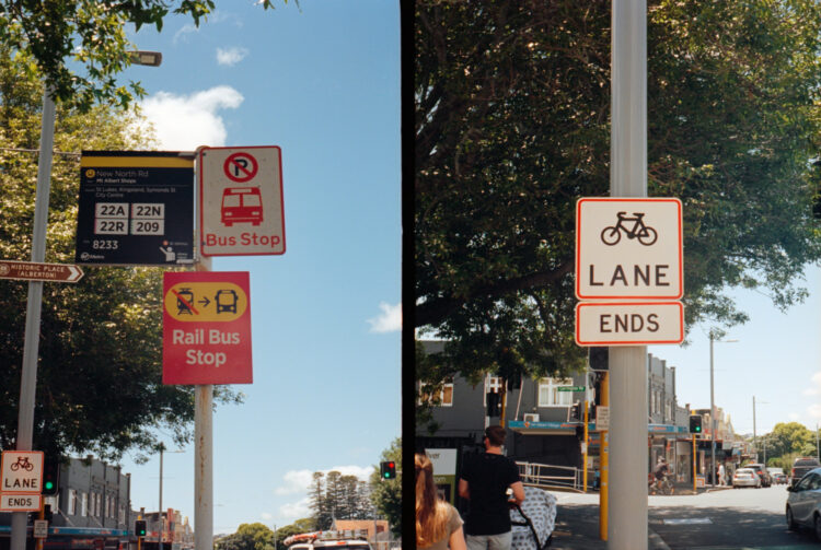 Auckland Street Signs - rail bus stop and lane ends